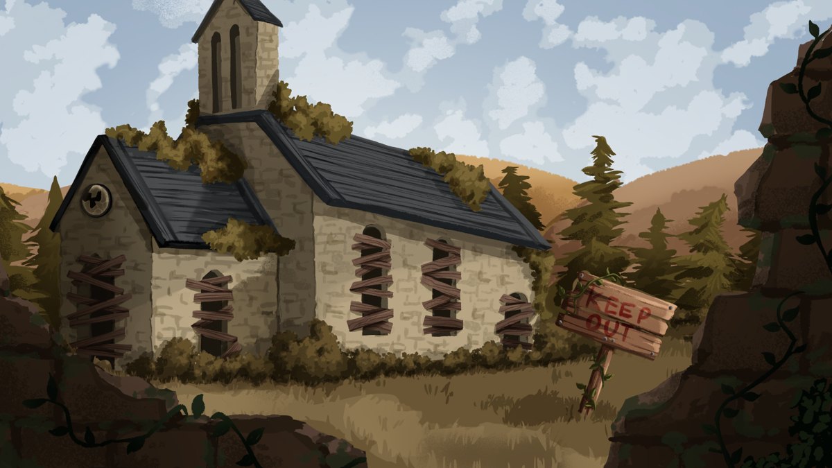 Murder in the Aethertree Forest: the boarded-up temple outside town