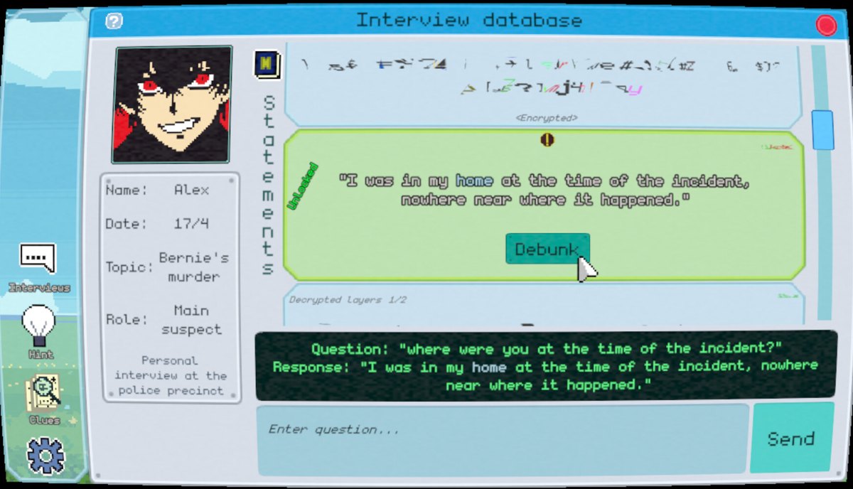 Pixel P.I.: the interview database, where a typed question unlocks a suspect's statement